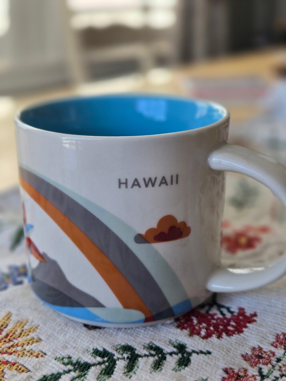 Starbucks Hawaii Ceramic Mug with Blue Interior and Orange Accents